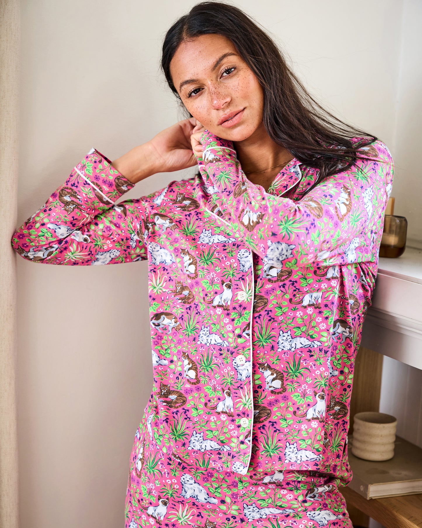Must Love Cats - Organic Pima Modal Knit Long PJ Set - Pink Camellia - Printfresh