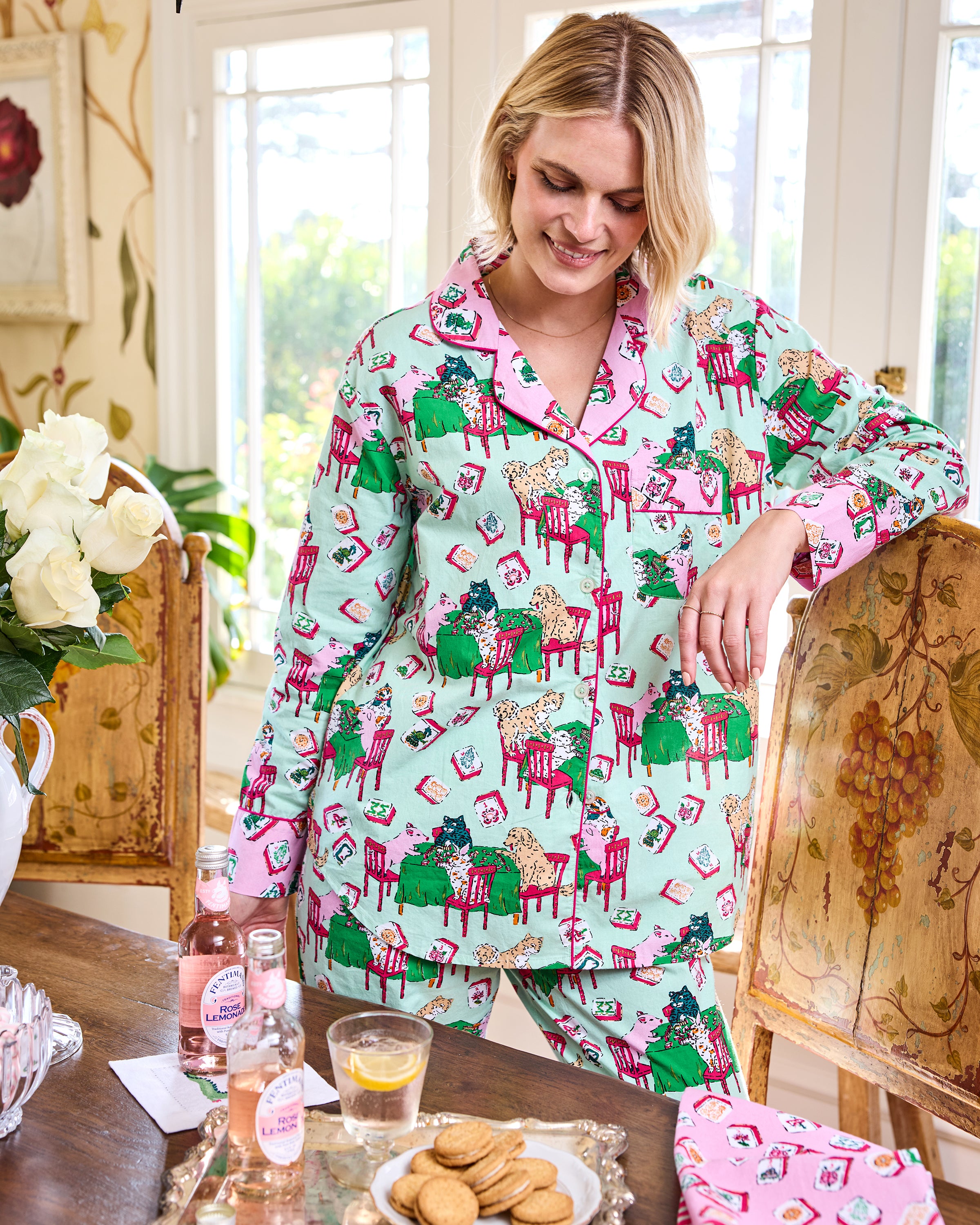 Mah Jongg Menagerie - Long PJ Set - Pale Jade – Printfresh