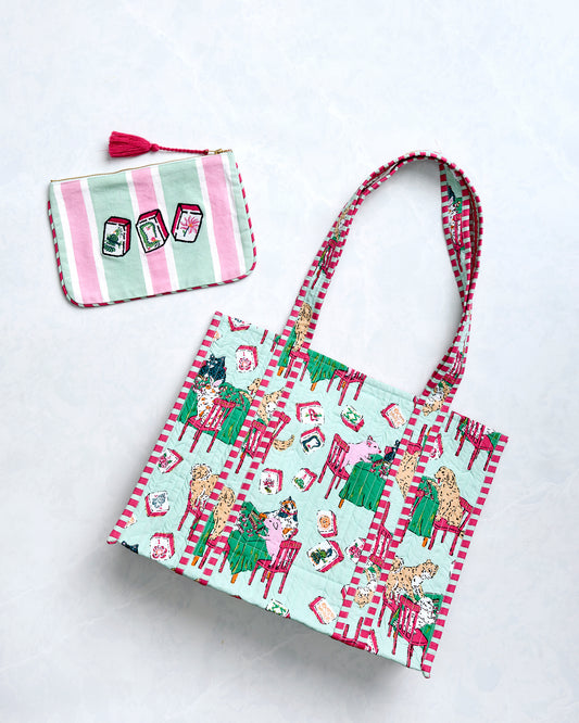 Mah Jongg Menagerie - Petite Traveler Tote & Embroidered Pouch Bundle - Pale Jade - Printfresh