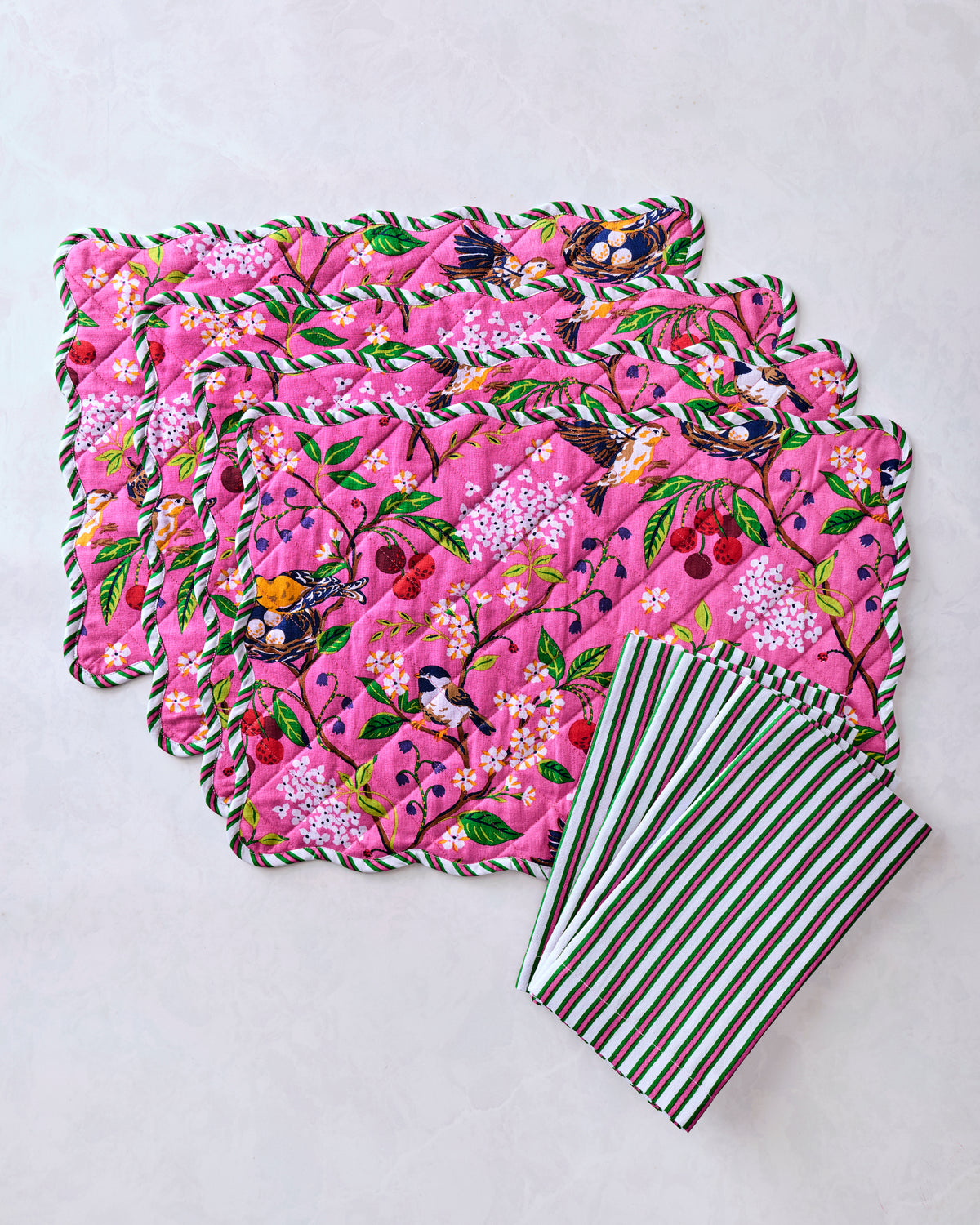 Bird & Bloom/Posh Stripe - Set of Placemats & Napkin Bundle - Fuchsia Berry - Printfresh