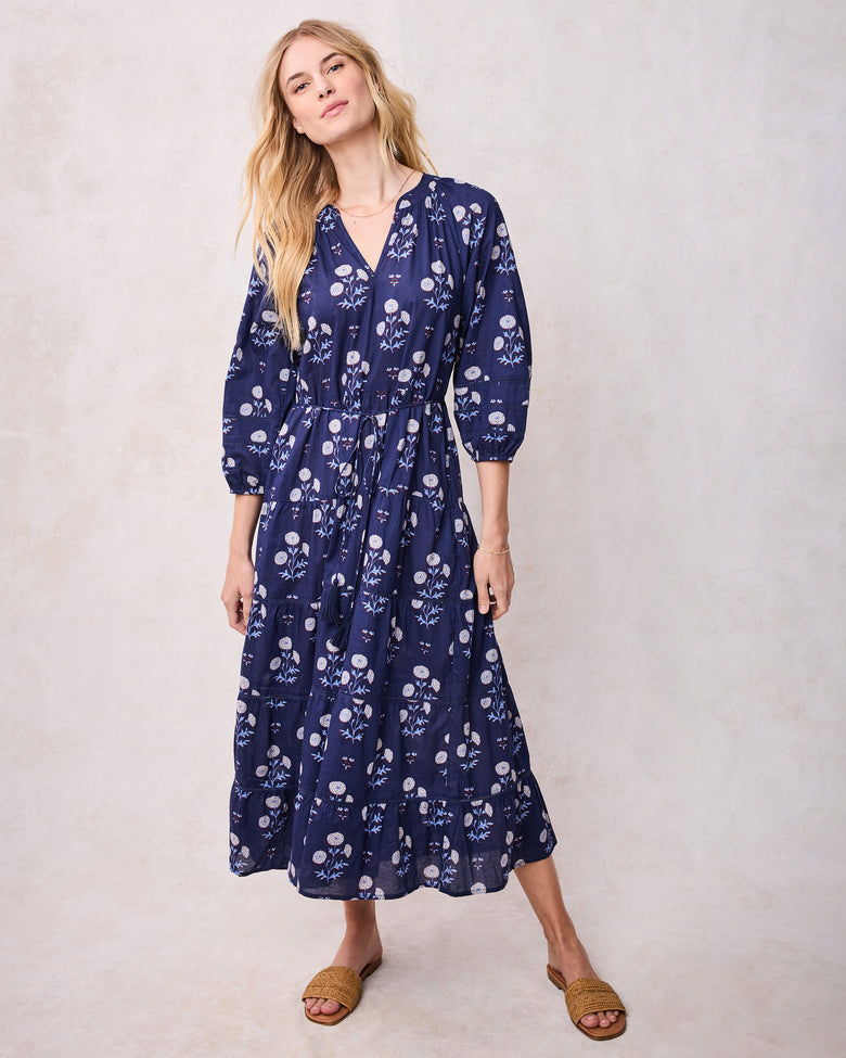 heart of marigold navy blue floral print wrap maxi dress Navy Blue Floral Print Wrap Maxi Dress | Womens | Small | 100% Rayon