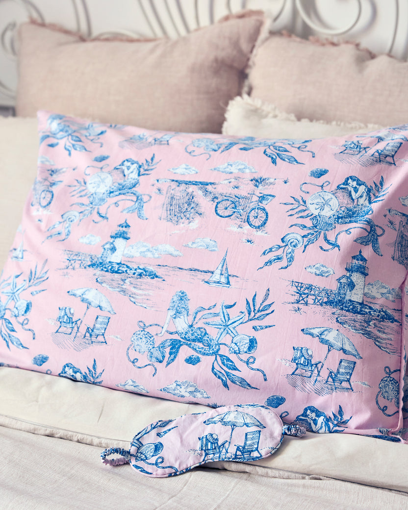 Mermaid Toile - Pillowcase Set of 2 & Eye Mask - Blush - Printfresh