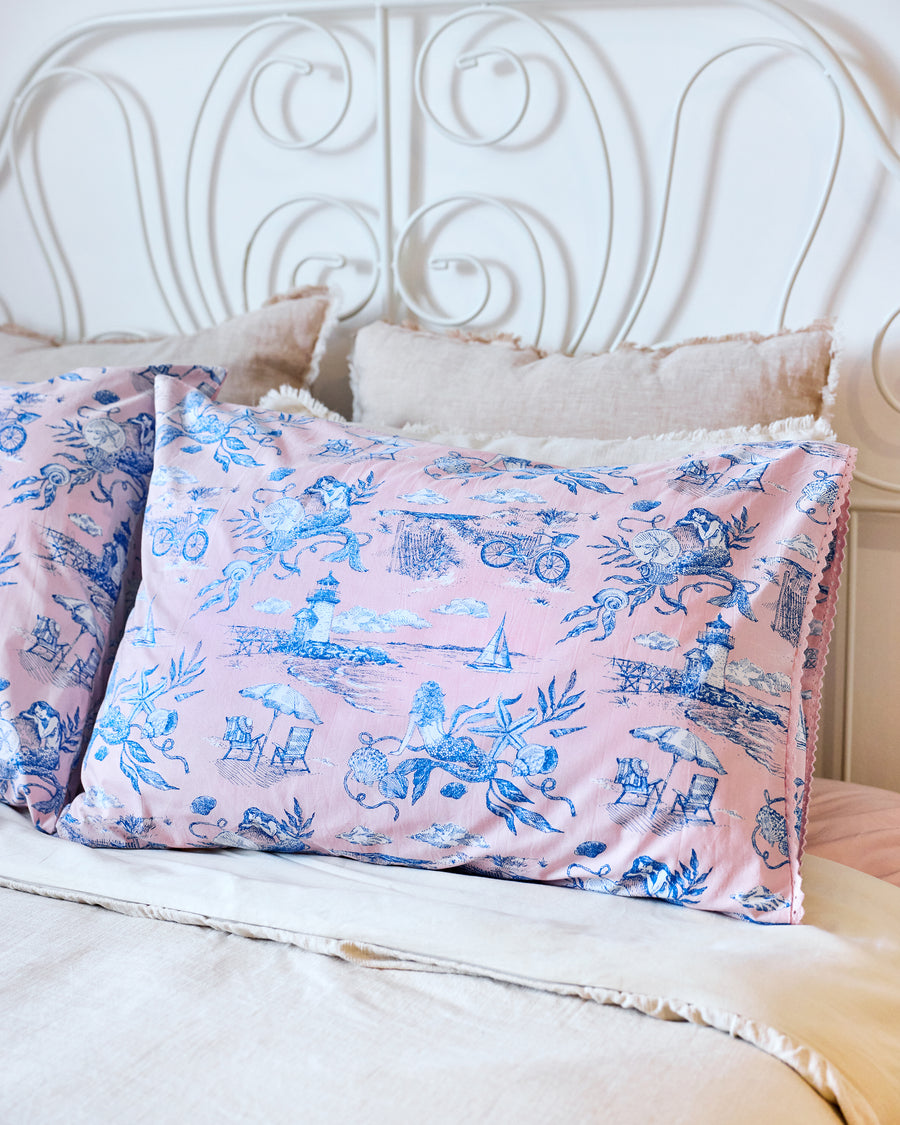 Mermaid Toile - Pillowcase Set of 2 & Eye Mask - Blush - Printfresh