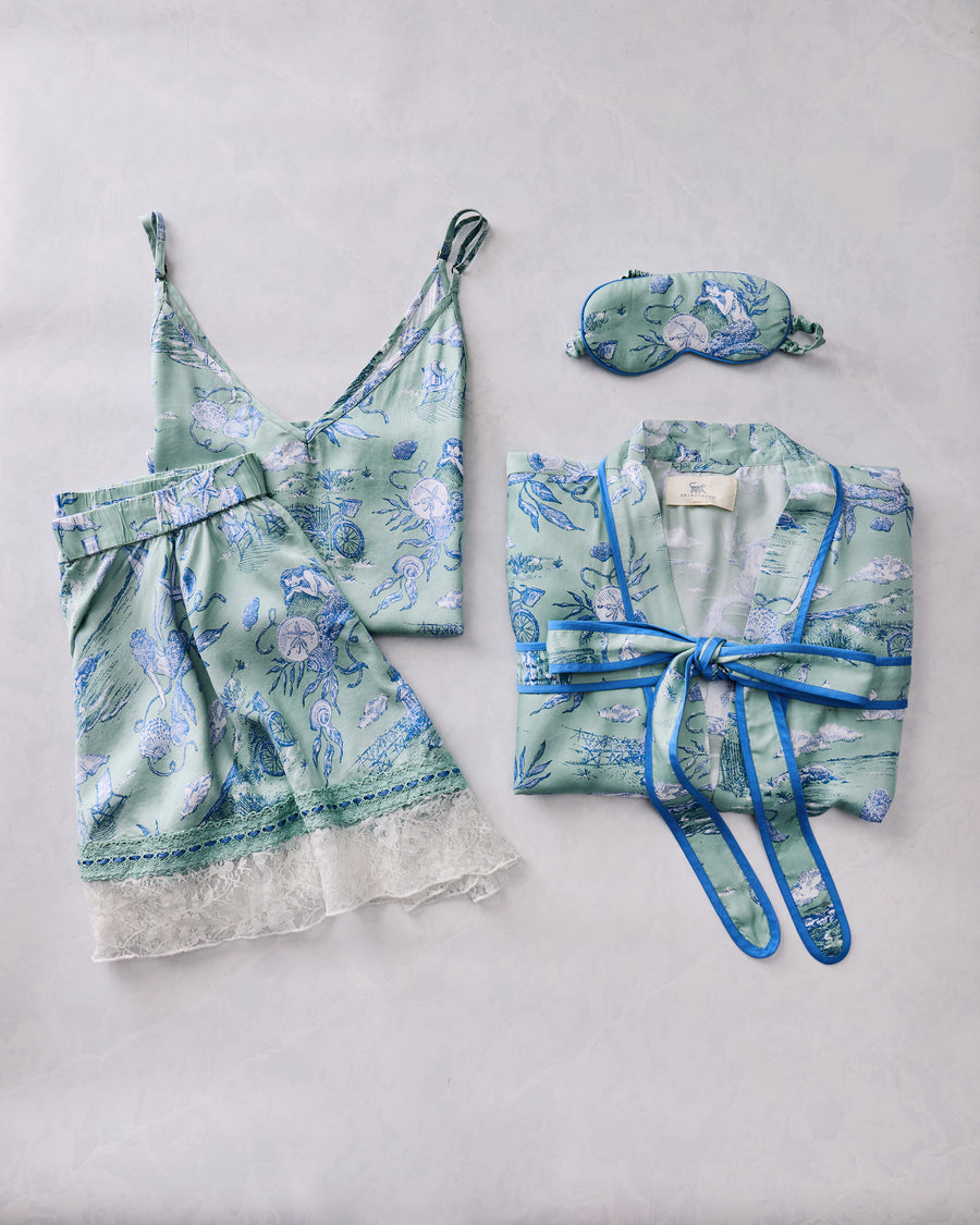 Mermaid Toile - Eco Satin Robe, Pamela & Eyemask Bundle - Seafoam - Printfresh