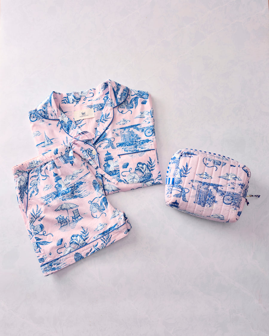 Mermaid Toile - Short PJ Set & Quilted Pouch Bundle - Blush - Printfresh