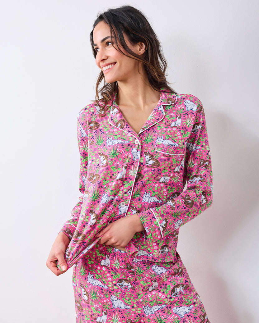 Must Love Cats - Organic Pima Modal Knit Long PJ Set - Pink Camellia - Printfresh
