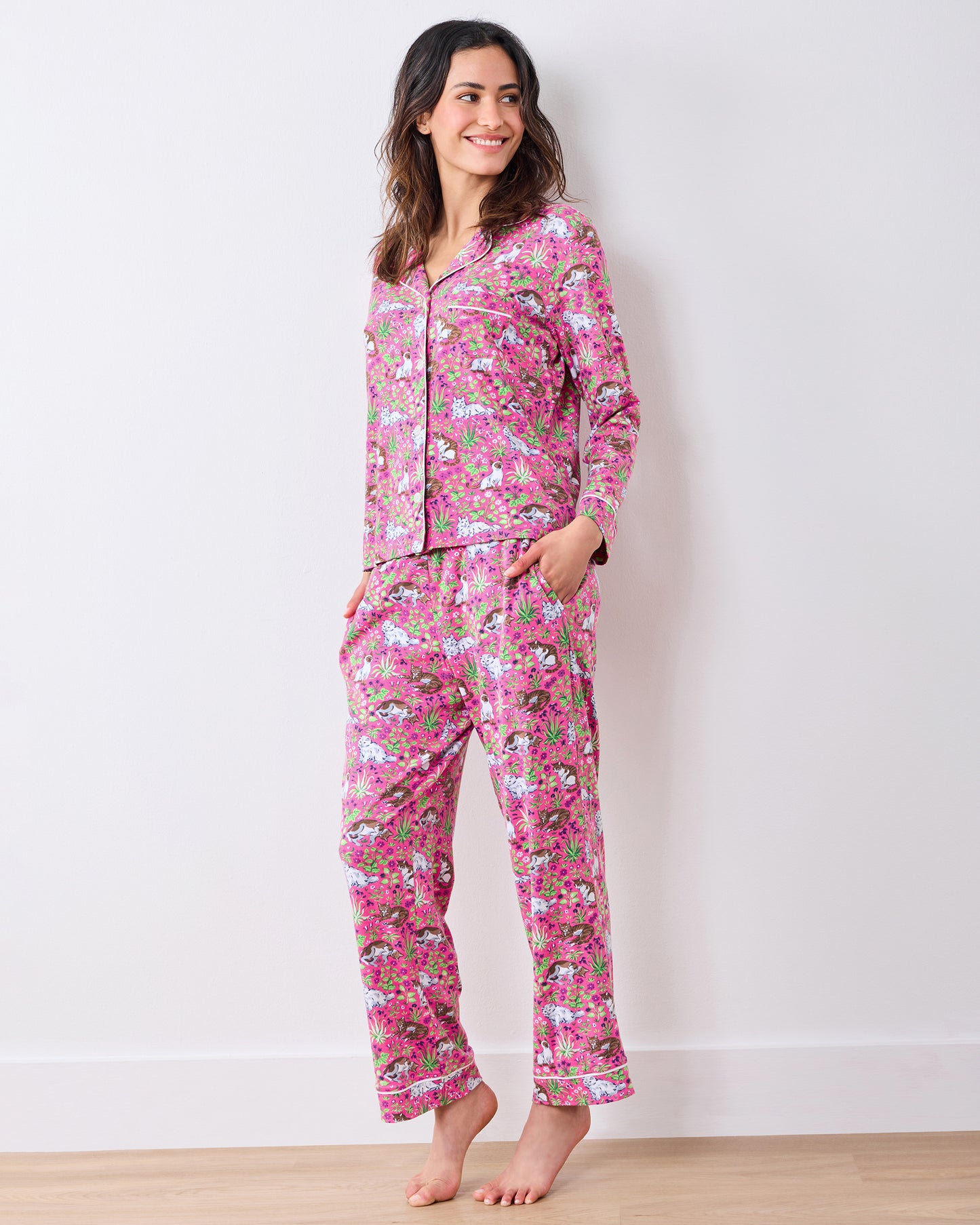Must Love Cats - Organic Pima Modal Knit Long PJ Set - Pink Camellia - Printfresh