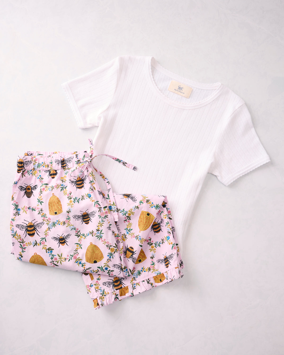 Sweet Bee - Ruffle Cropped Pants & Pointelle Short Sleeve Tee Bundle - Multi - Printfresh
