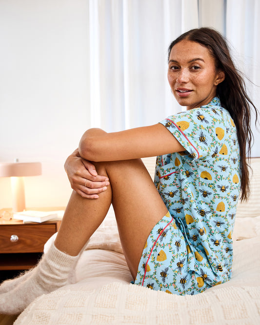 Sweet Bee - Organic Pima Modal Knit Short PJ Set - Soft Blue - Printfresh