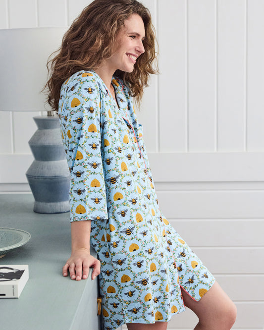 Sweet Bee - Organic Pima Modal Knit Sleep Shirt - Soft Blue - Printfresh