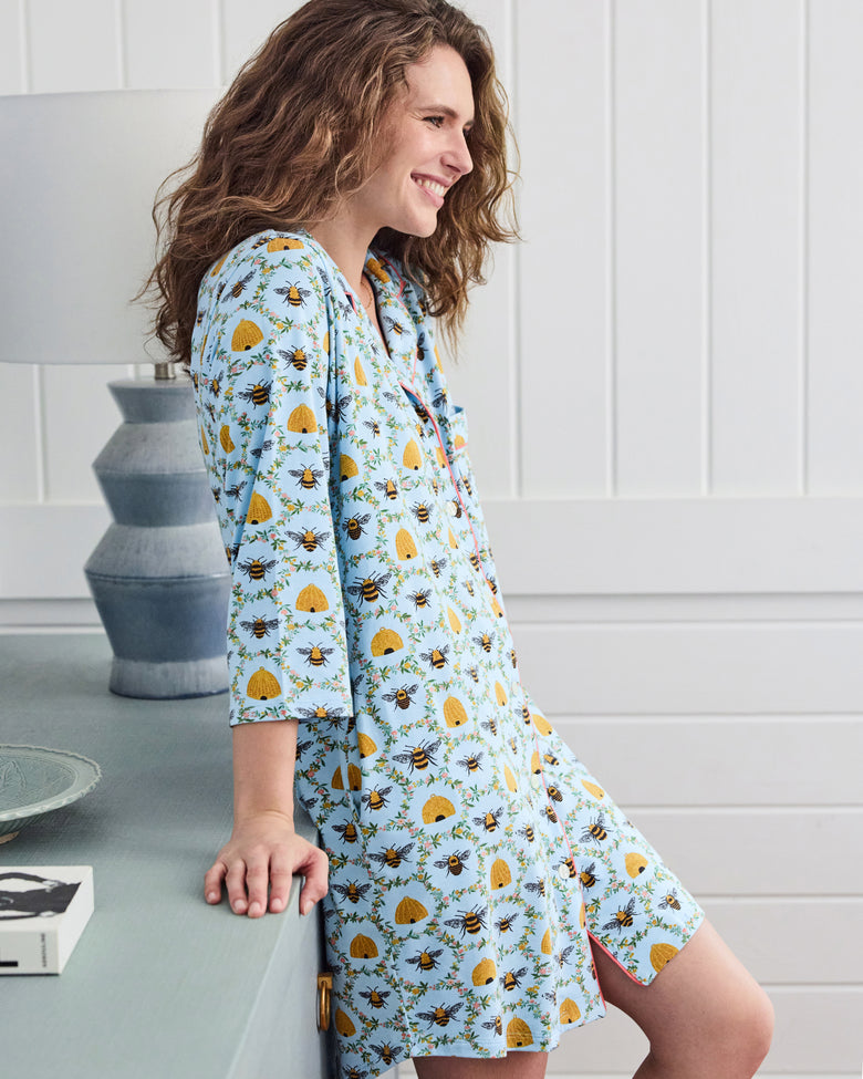 Sweet Bee - Organic Pima Modal Knit Sleep Shirt - Soft Blue - Printfresh