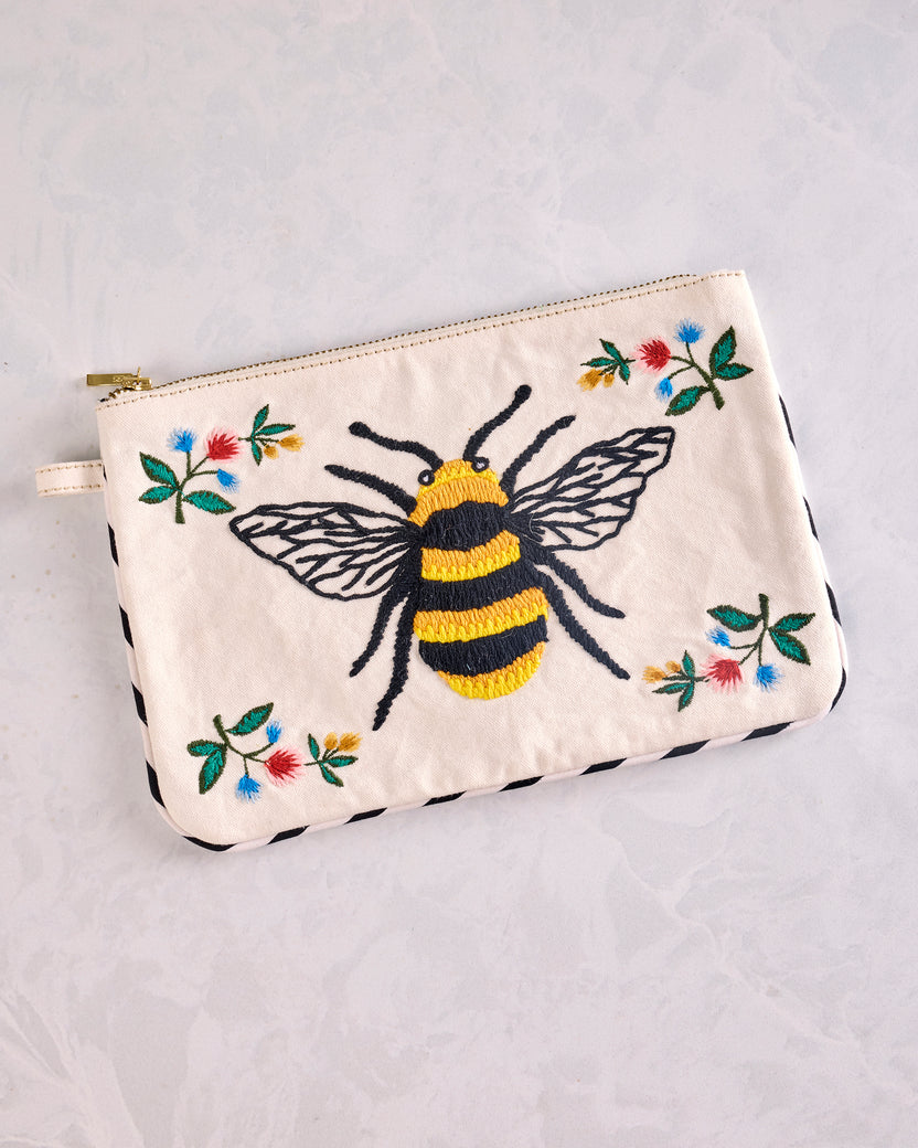 Sweet Bee - Embroidered Pouch - Cream - Printfresh