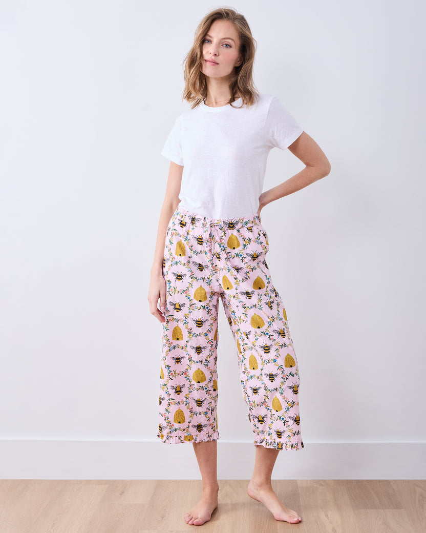 Sweet Bee - Ruffle Cropped Pants - Pink Petal - Printfresh
