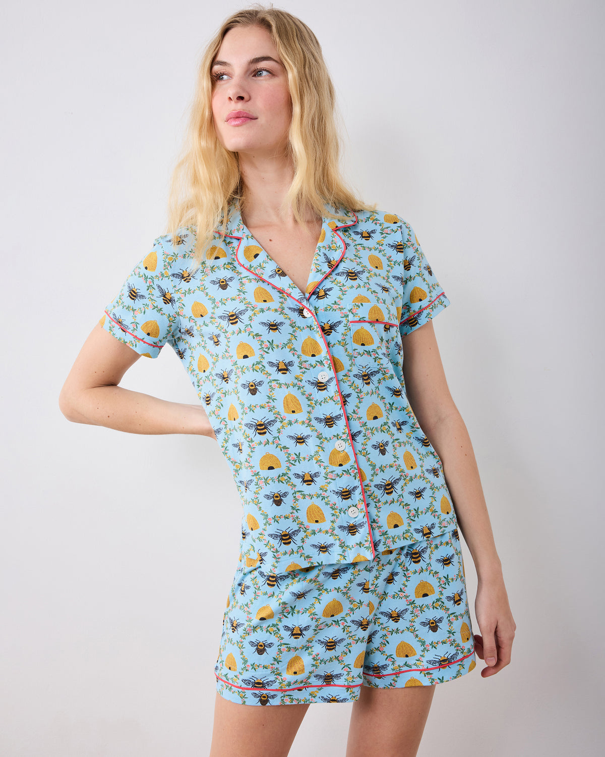 Sweet Bee - Organic Pima Modal Knit Short PJ Set - Soft Blue - Printfresh