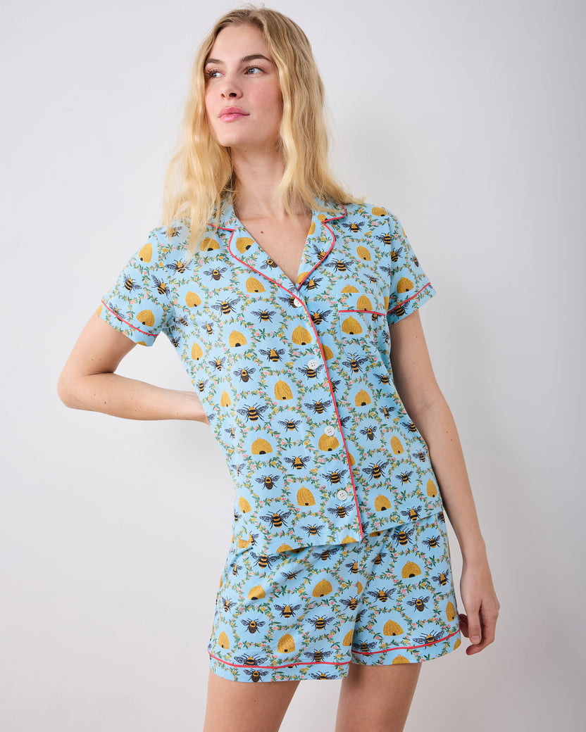 Sweet Bee - Organic Pima Modal Knit Short PJ Set - Soft Blue - Printfresh