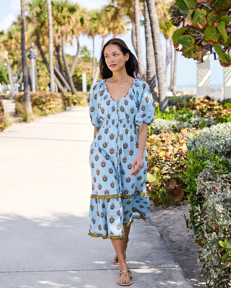 Organic Cotton Half-Sleeve Button-Down Midi Dress in Wildflower Walks | Women's XL | Blue Organic Cotton Half-Sleeve Button-Down Midi Dress in Wildflower Walks | Women's XL | Blue