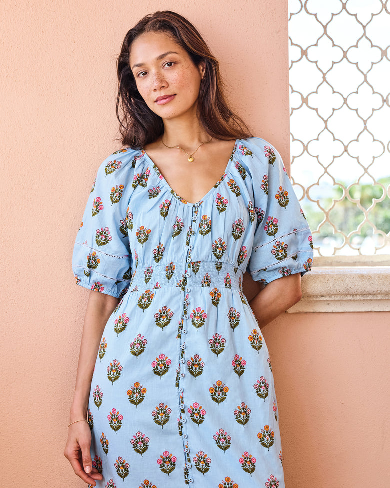 Organic Cotton Half-Sleeve Button-Down Midi Dress in Wildflower Walks | Women's XL | Blue Organic Cotton Half-Sleeve Button-Down Midi Dress in Wildflower Walks | Women's XL | Blue