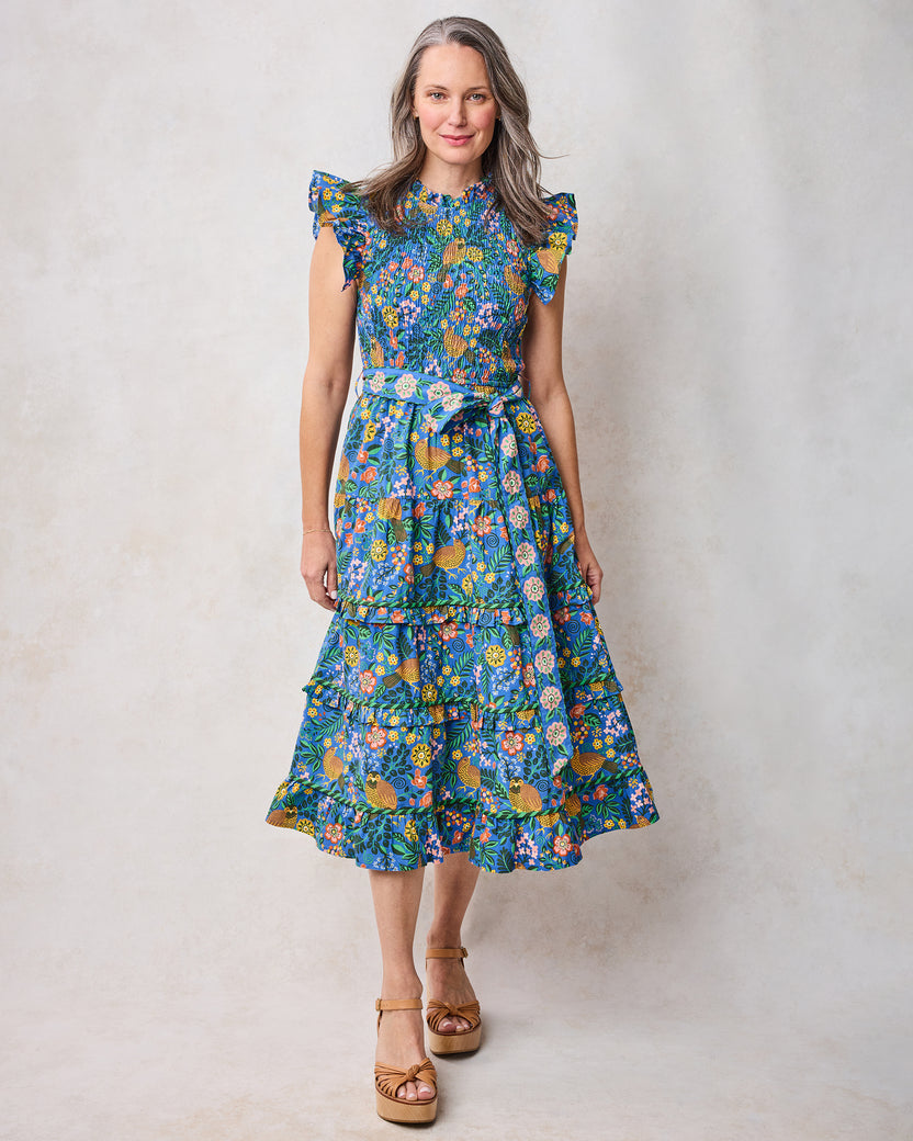 Organic Cotton Smocked Ruffle Sleeve Midi Dress with Pockets and Belt in Willow Wren | Women's M | Blue Spring Organic Cotton Smocked Ruffle Sleeve Midi Dress with Pockets and Belt in Willow Wren | Women's M | Blue Spring