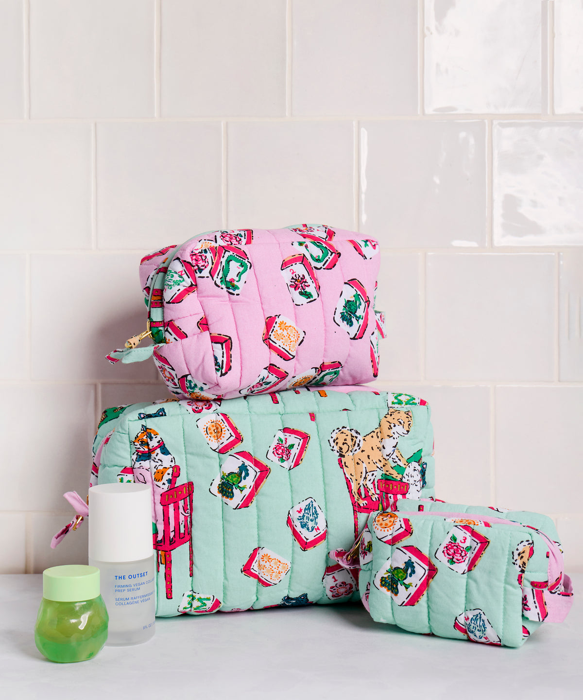 Mah Jongg Menagerie - Three’s Best Pouch Set - Pale Jade - Printfresh