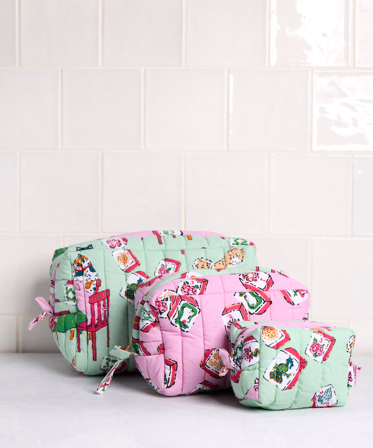 Mah Jongg Menagerie - Three’s Best Pouch Set - Pale Jade - Printfresh