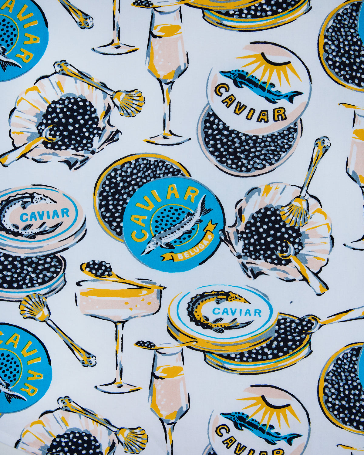 Close-up of the Champagne & Caviar print showing caviar tins, champagne glasses, serving spoons, and illustrated labels.