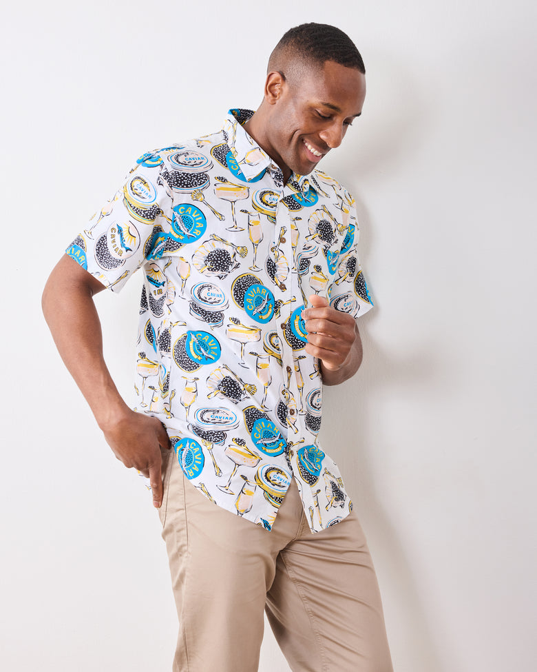 champagne dress shirt Organic Cotton Short Sleeve Button Down Vacation Shirt in Champagne & Caviar | Men's L | White