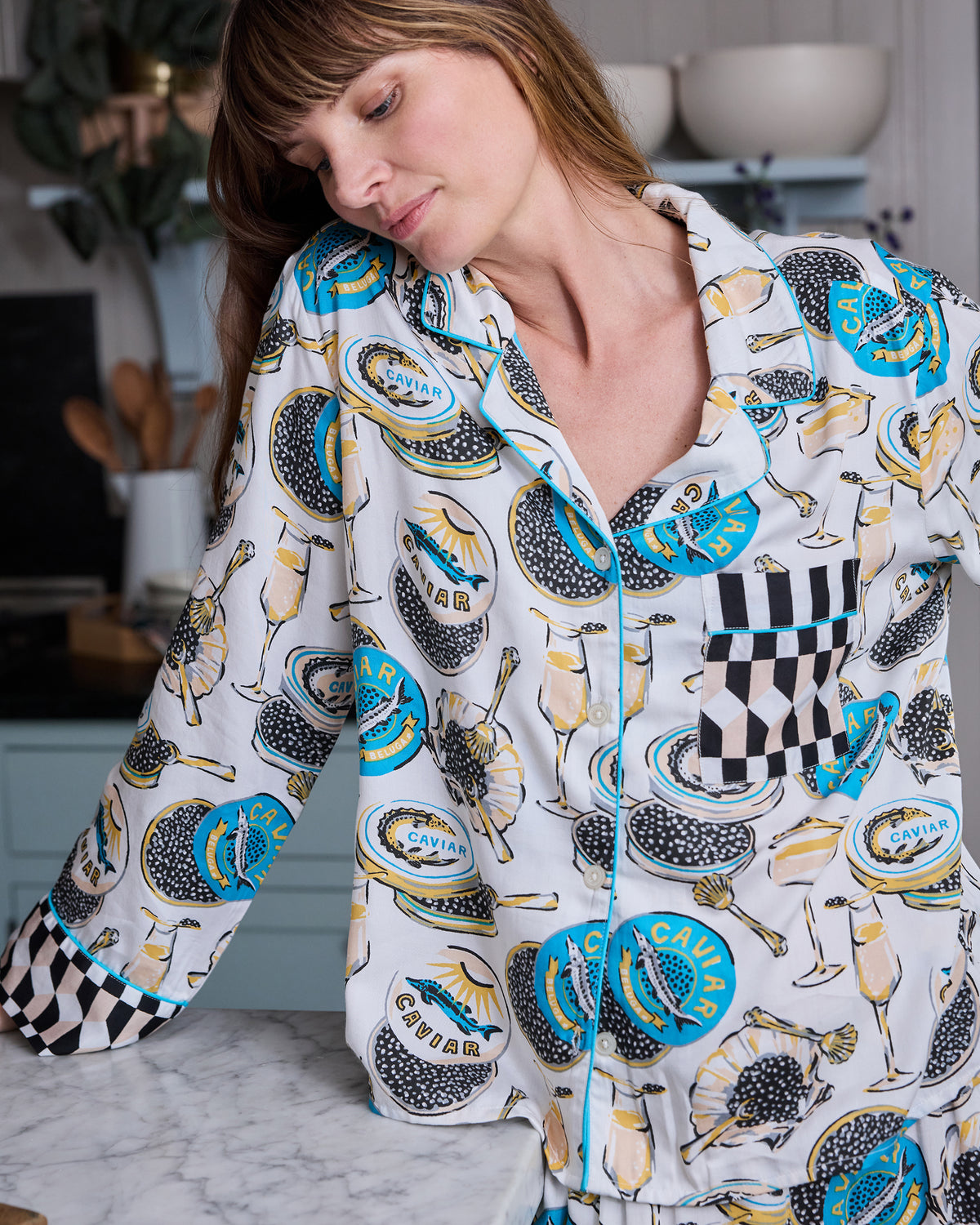 Front close-up of the Pearl Champagne & Caviar Rittenhouse pajama top, showing the notched collar, buttons, chest pocket, and checkered cuff.