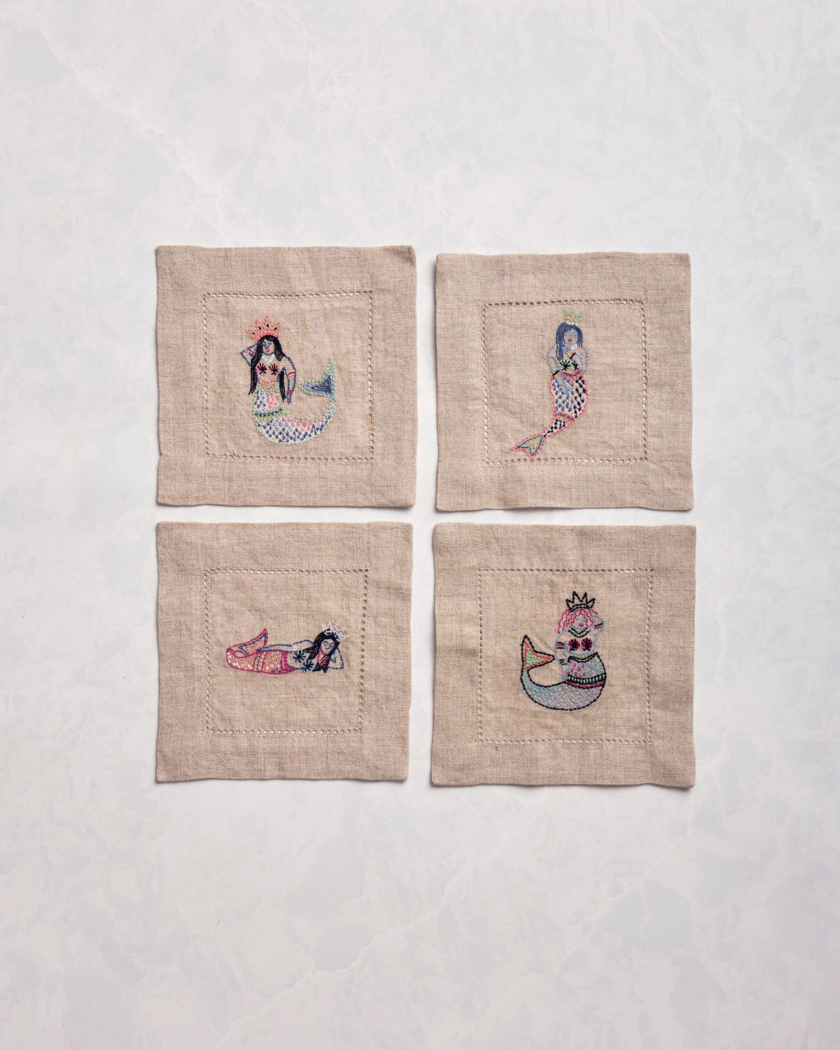 Daughters of Triton - Cocktail Napkins Set of 4 - Natural Linen - Printfresh