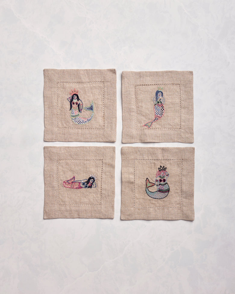Daughters of Triton - Cocktail Napkins Set of 4 - Natural Linen - Printfresh