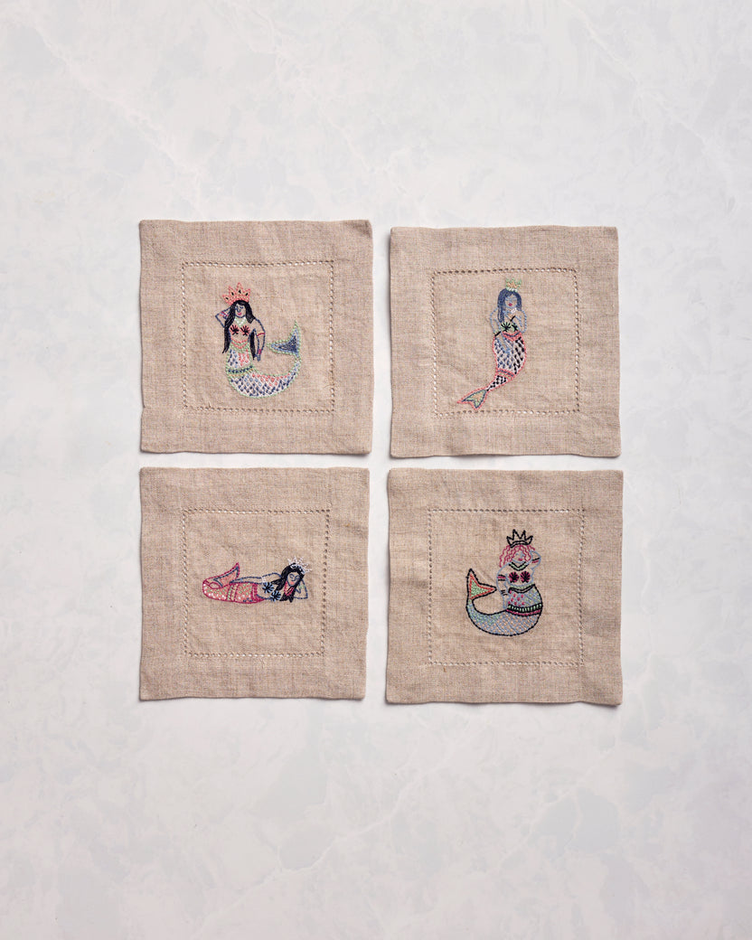 Daughters of Triton - Cocktail Napkins Set of 4 - Natural Linen - Printfresh