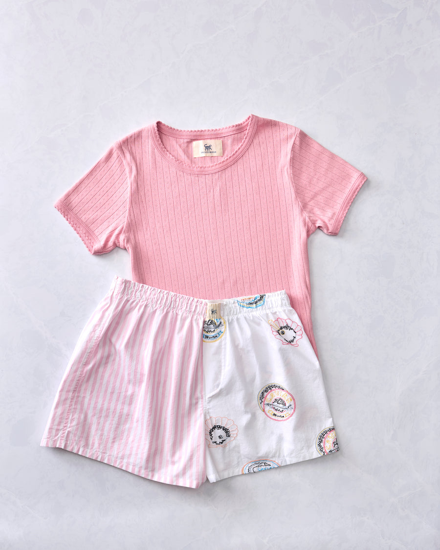 Embroidered Caviar Club - Boyfriend Boxers & Pointelle Short Sleeve Bundle - Pearl
