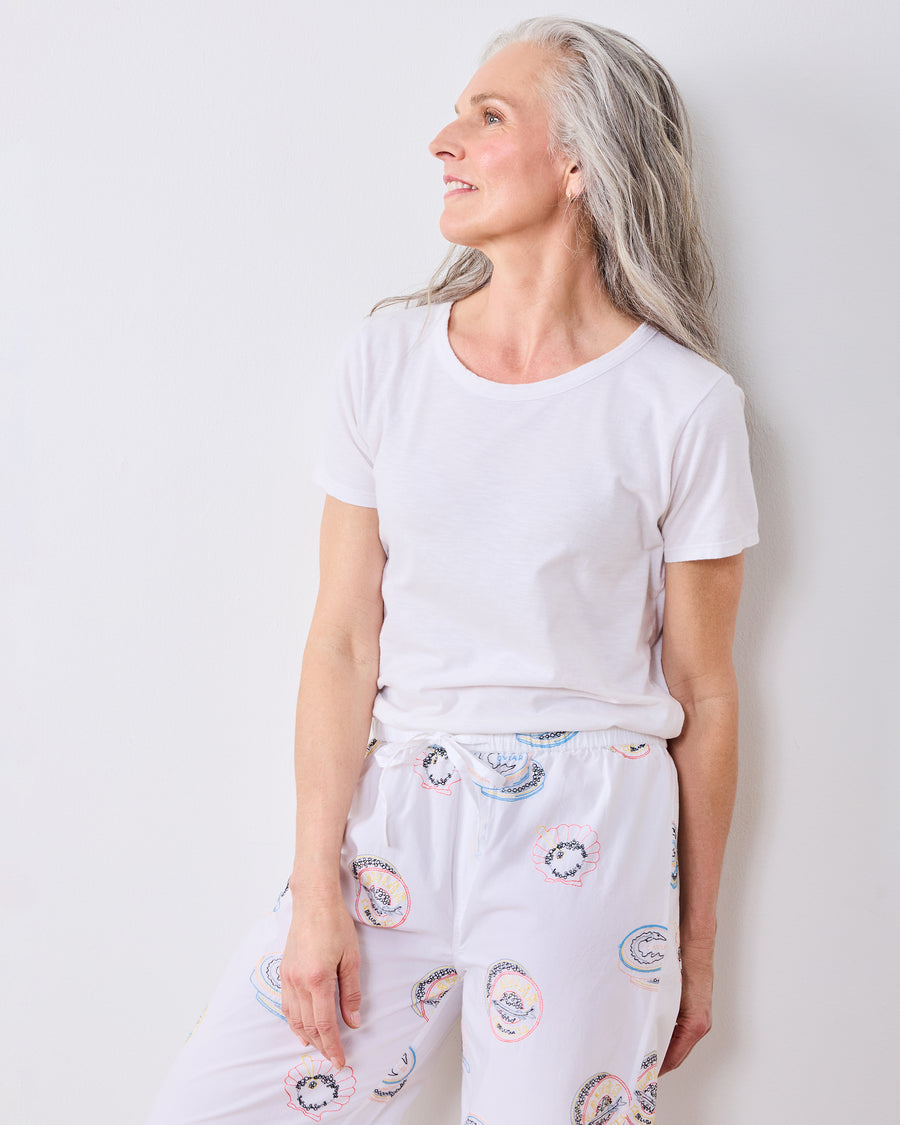 Embroidered Caviar Club - Petite PJ Pants - Pearl