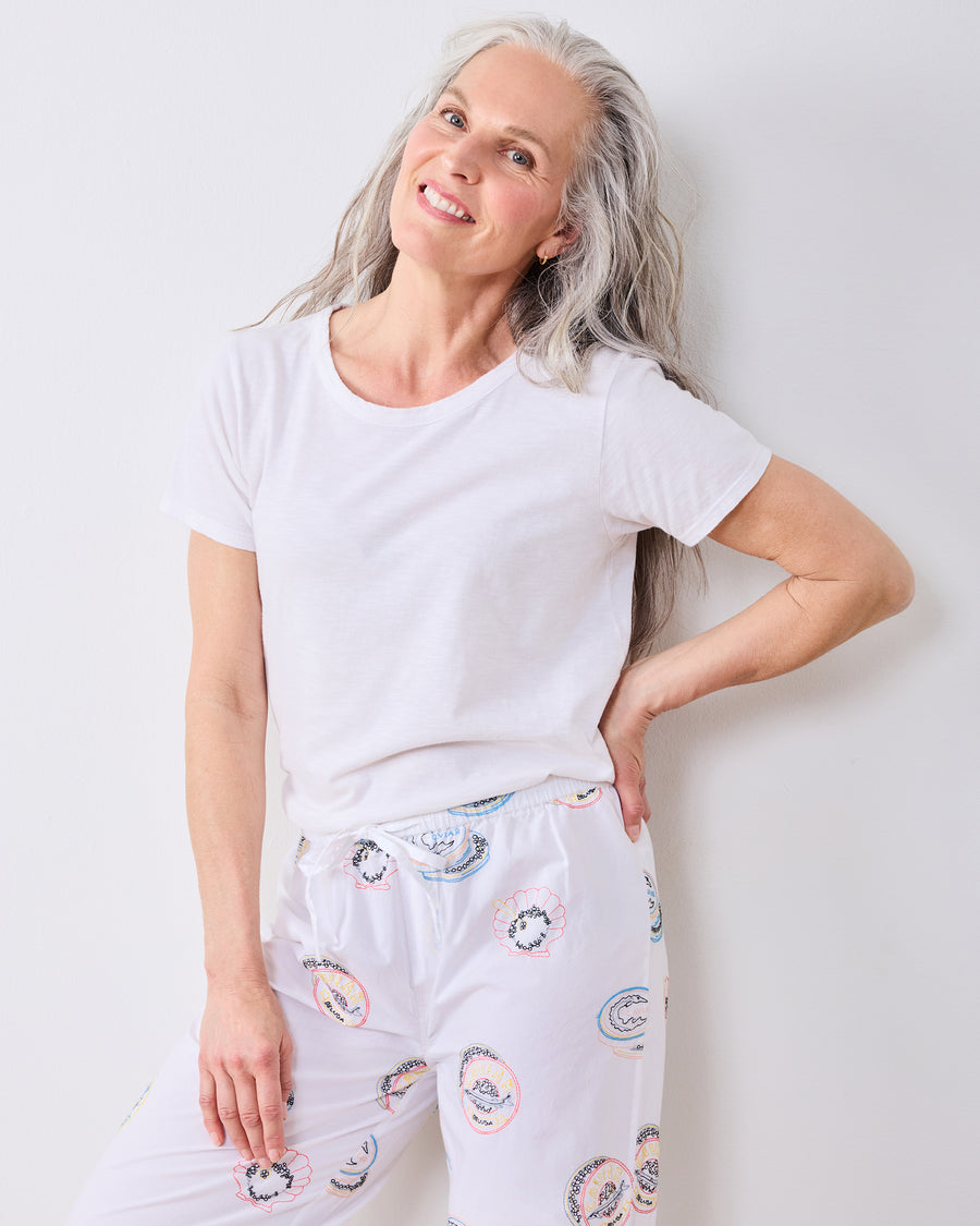 Embroidered Caviar Club - Petite PJ Pants - Pearl
