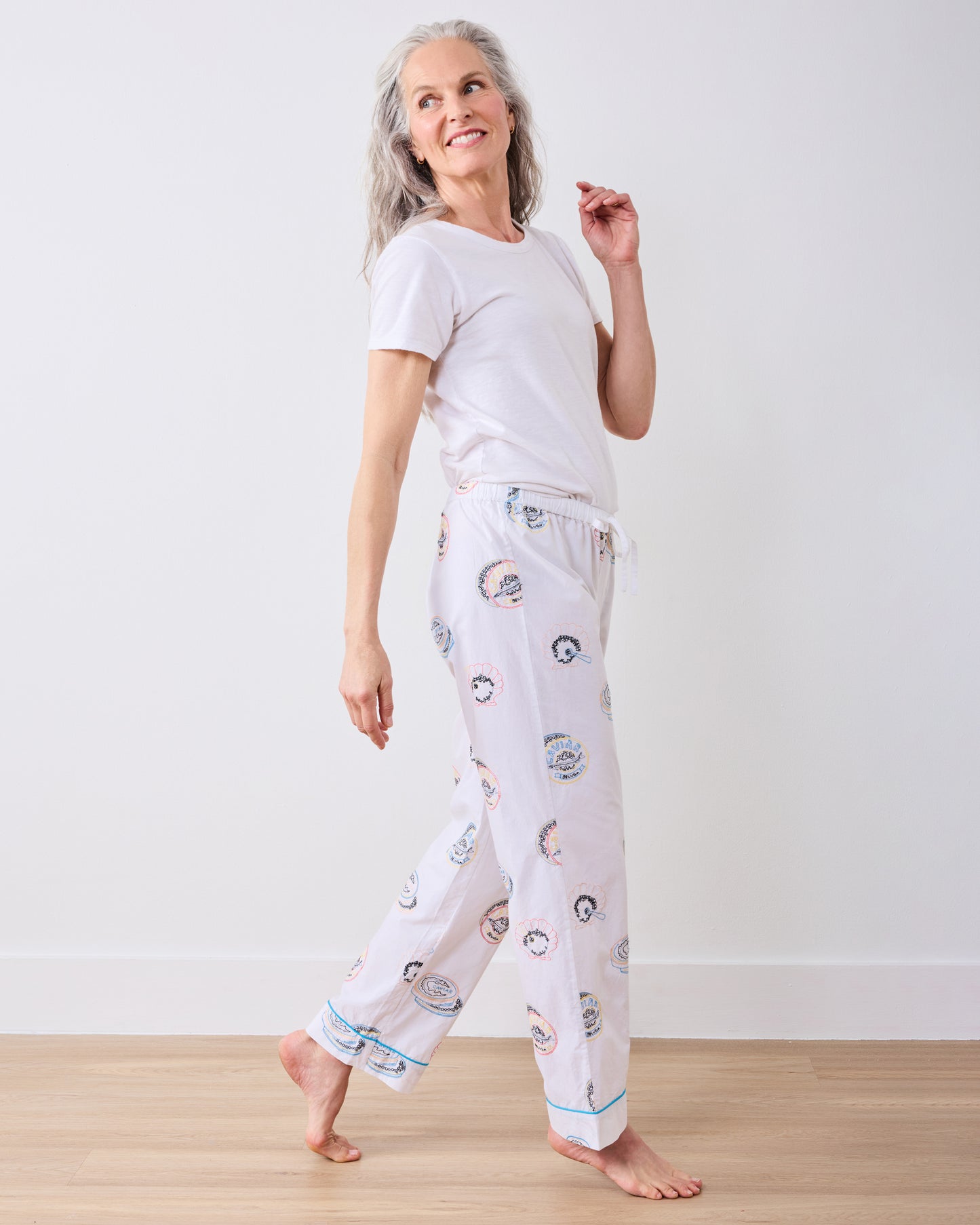 Embroidered Caviar Club - PJ Pants - Pearl