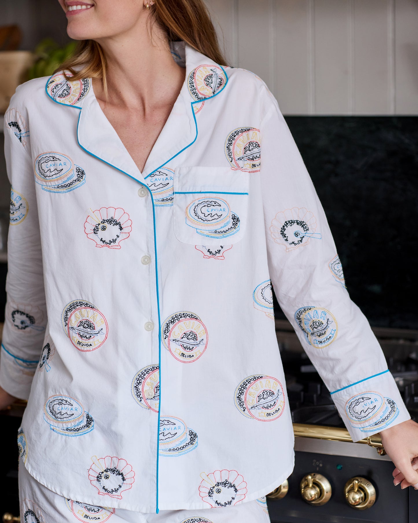 Embroidered Caviar Club - Long PJ Set - Pearl