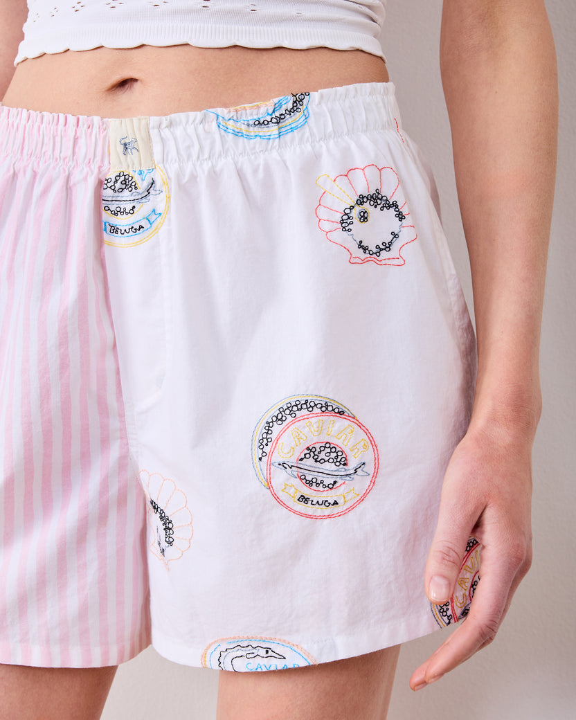 Embroidered Caviar Club - Boyfriend Boxer - Pearl