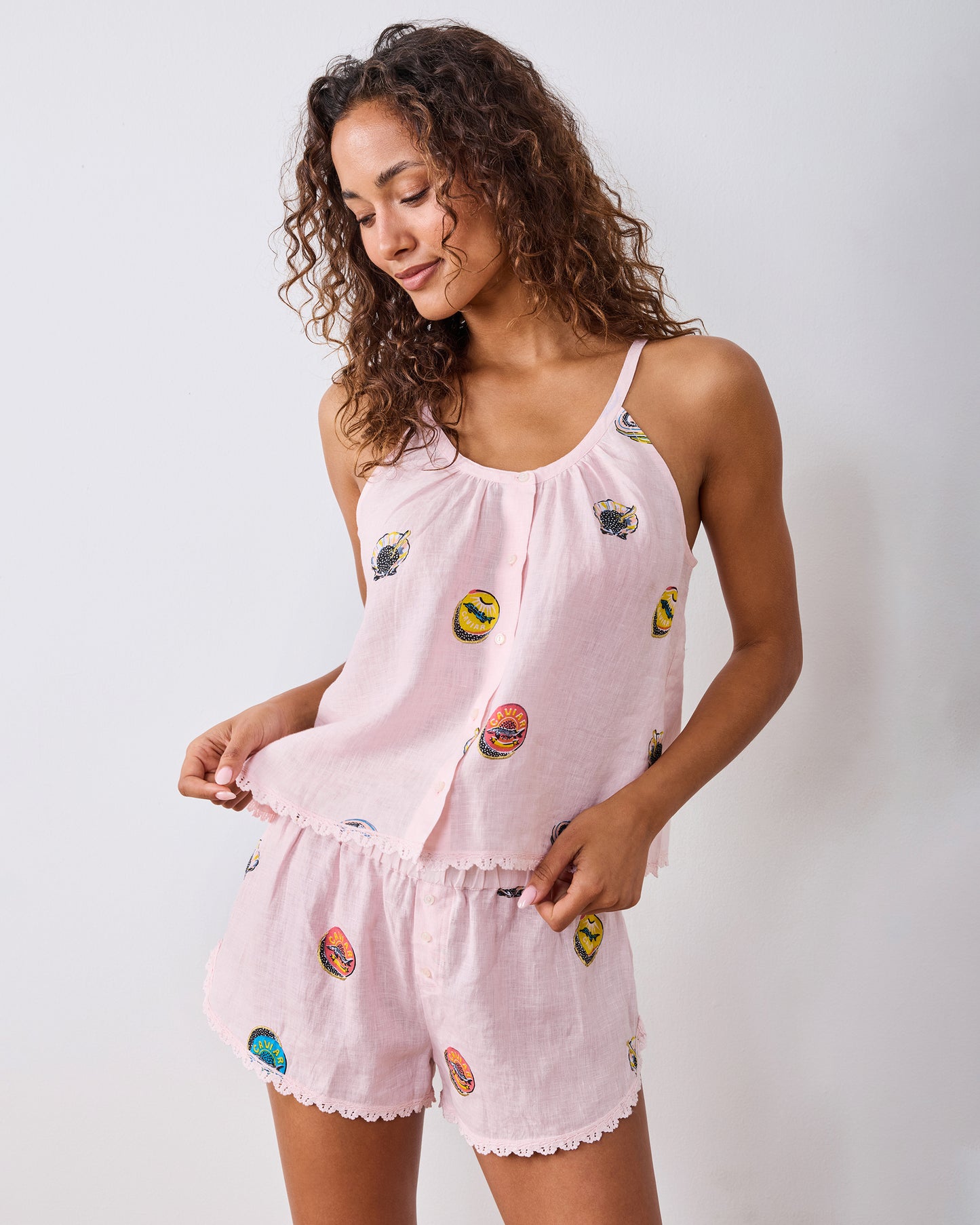 Embroidered Coastal Caviar - Linen Martha Set - Pink Pearl