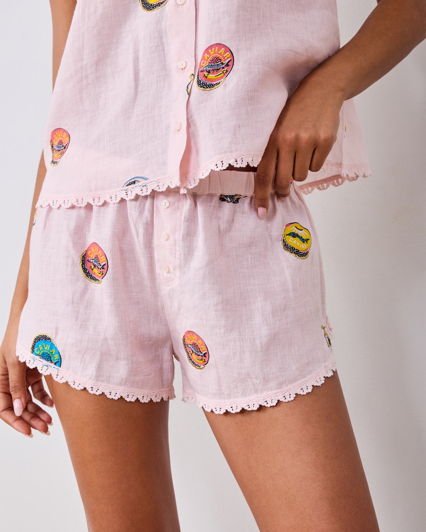 Embroidered Coastal Caviar - Linen Martha Set - Pink Pearl