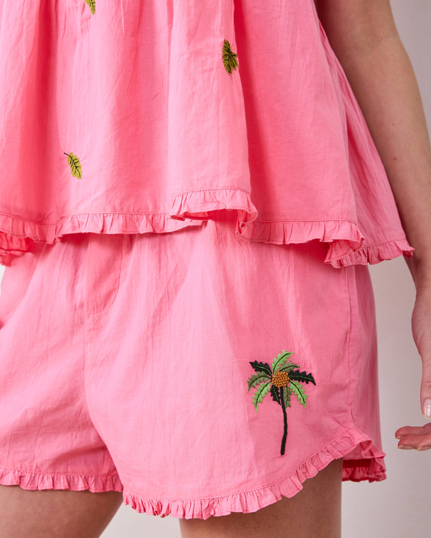Embroidered Flamingo Social - Naya Short Set - Coral Sunset