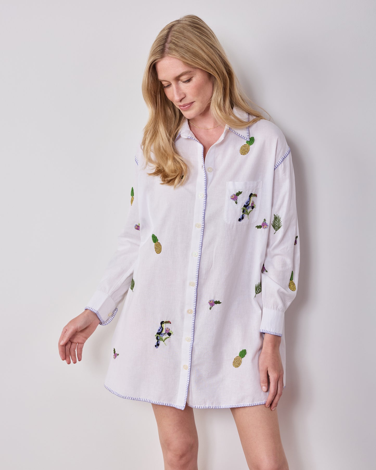Embroidered Pineapple Toucan - Cotton Linen Everyday Button Down - Cloud