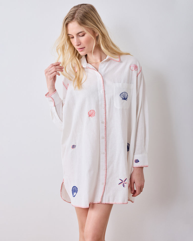 Embroidered Shells - Linen Everyday Button Down - Cloud - Printfresh