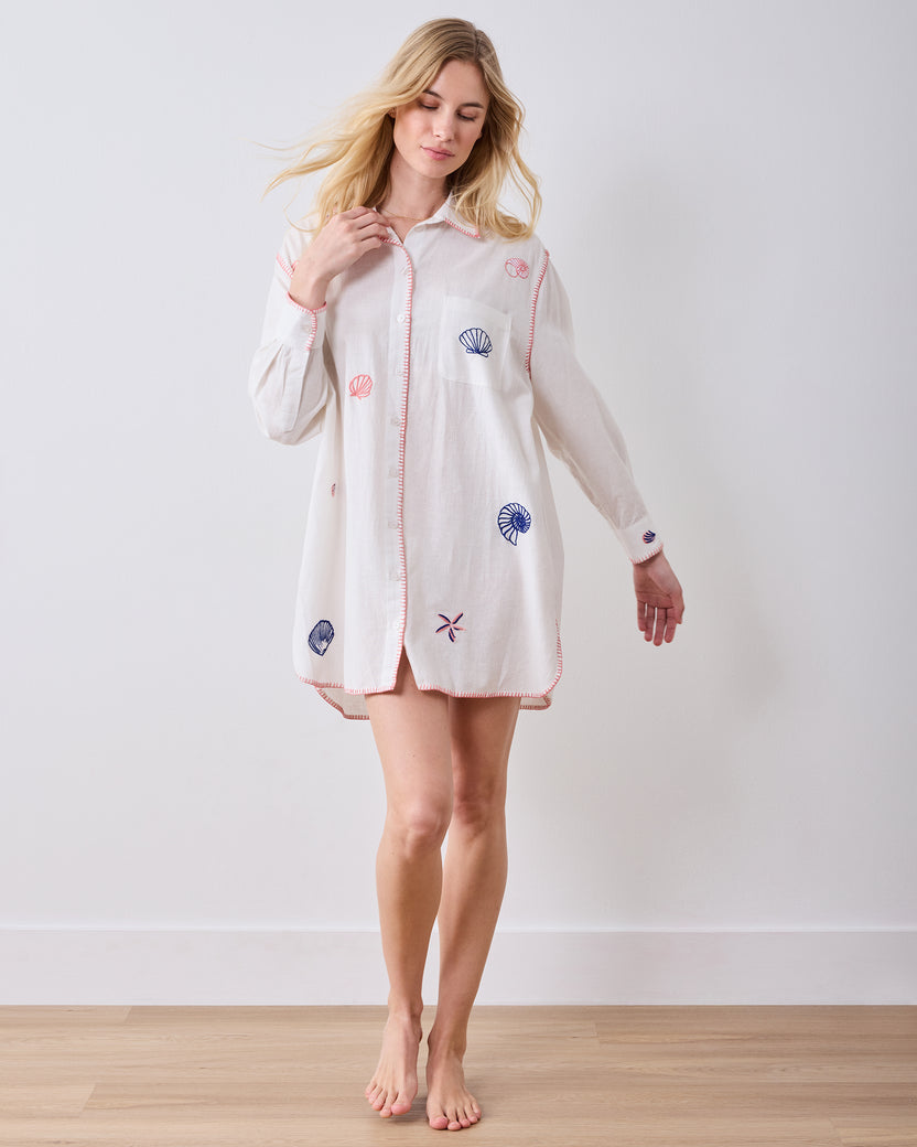 Embroidered Shells - Linen Everyday Button Down - Cloud - Printfresh
