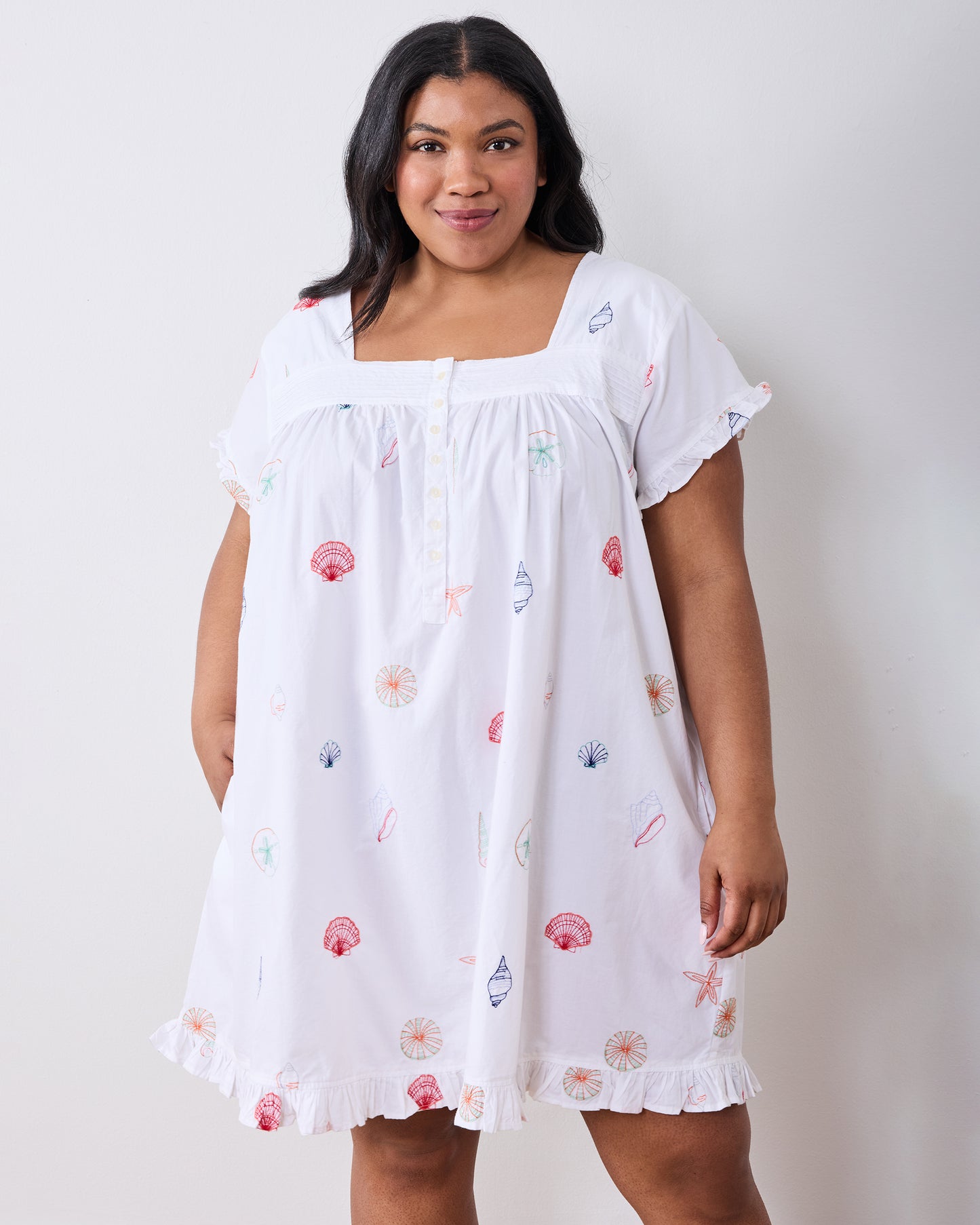Embroidered Shells - Pintuck Nightgown - Coastal Cloud - Printfresh