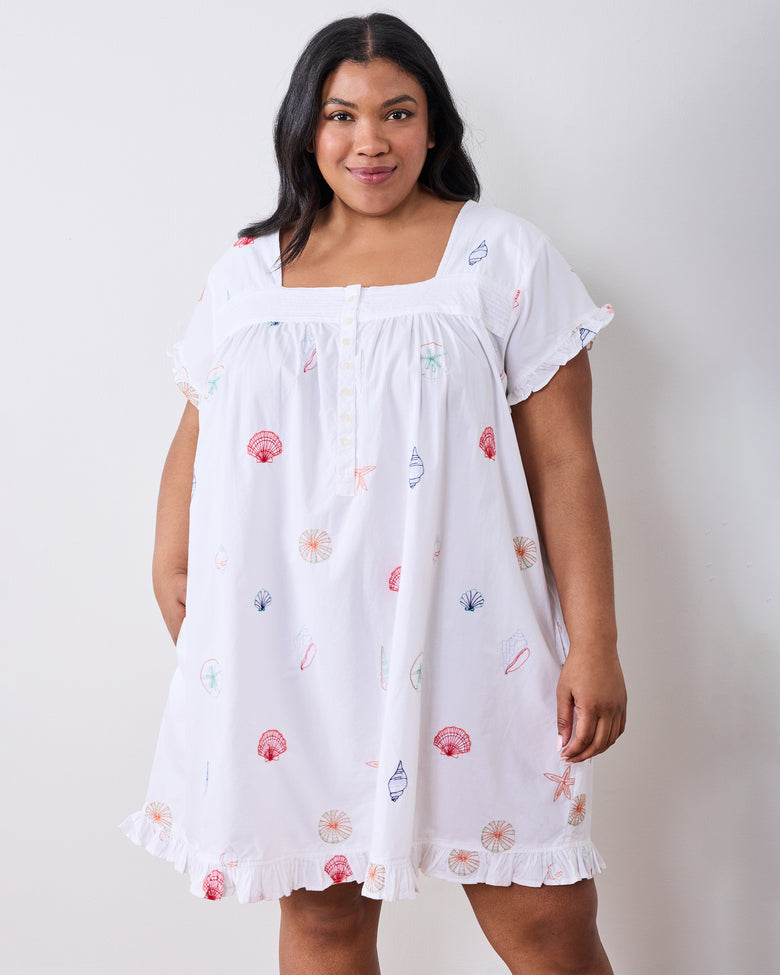 Embroidered Shells - Pintuck Nightgown - Coastal Cloud - Printfresh