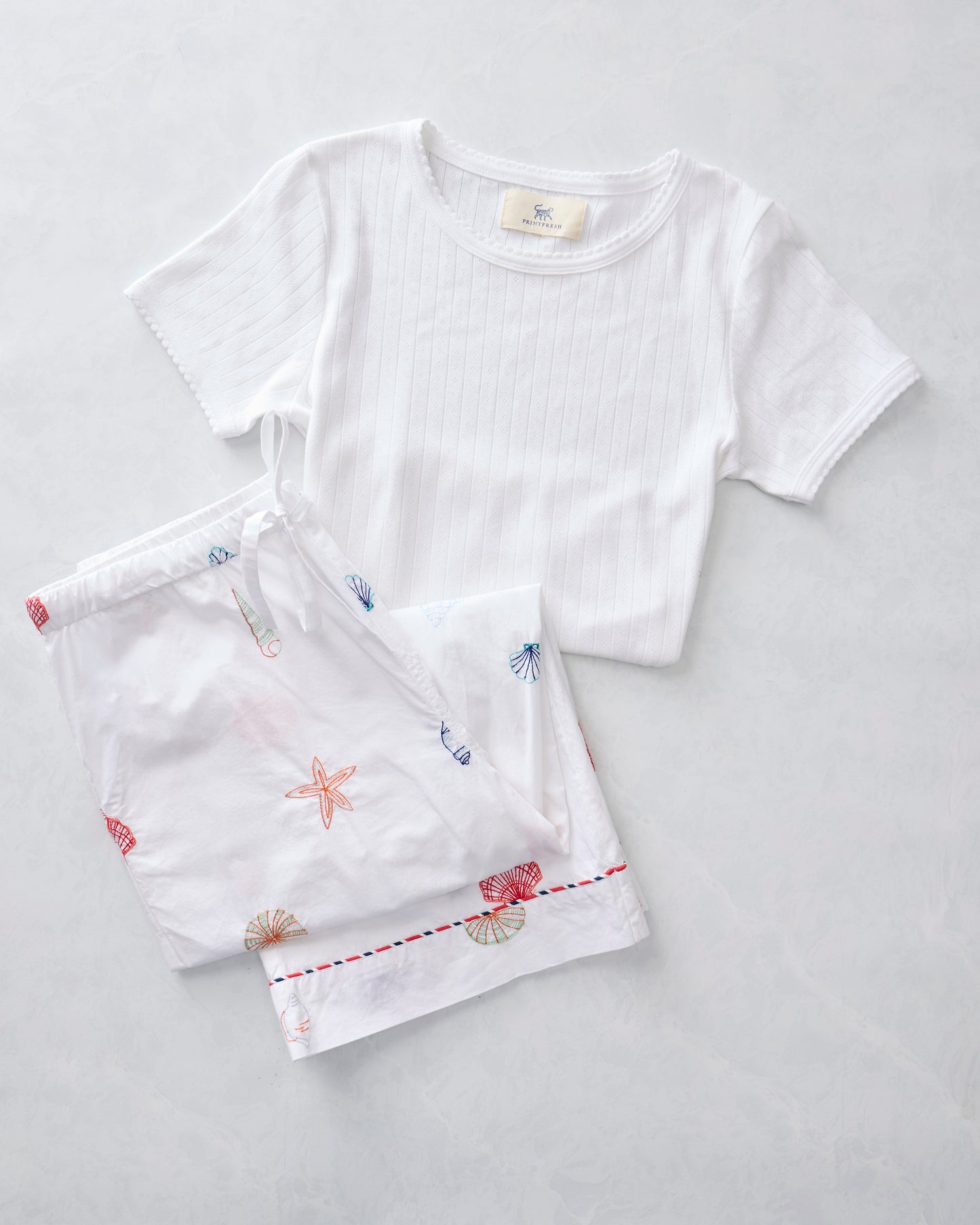 Embroidered Shells - Cropped PJ Pants & Pointelle Short Sleeve Bundle - Cloud - Printfresh