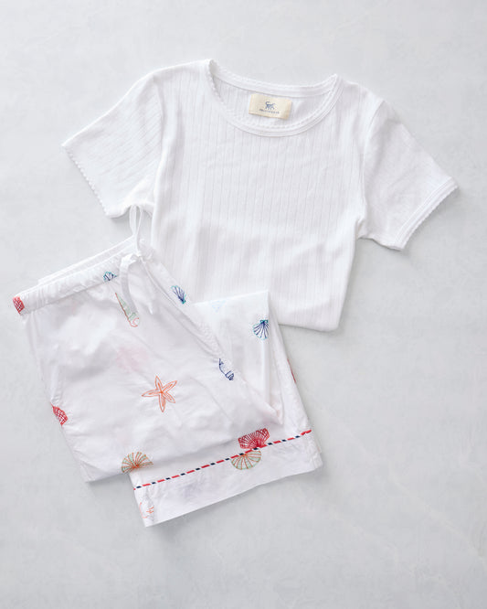 Embroidered Shells - Cropped PJ Pants & Pointelle Short Sleeve Bundle - Cloud - Printfresh