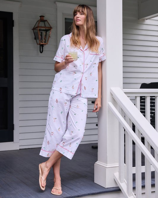 Embroidered Tequila Sunrise - Short Sleeve Top & Cropped Pants Set - Cloud