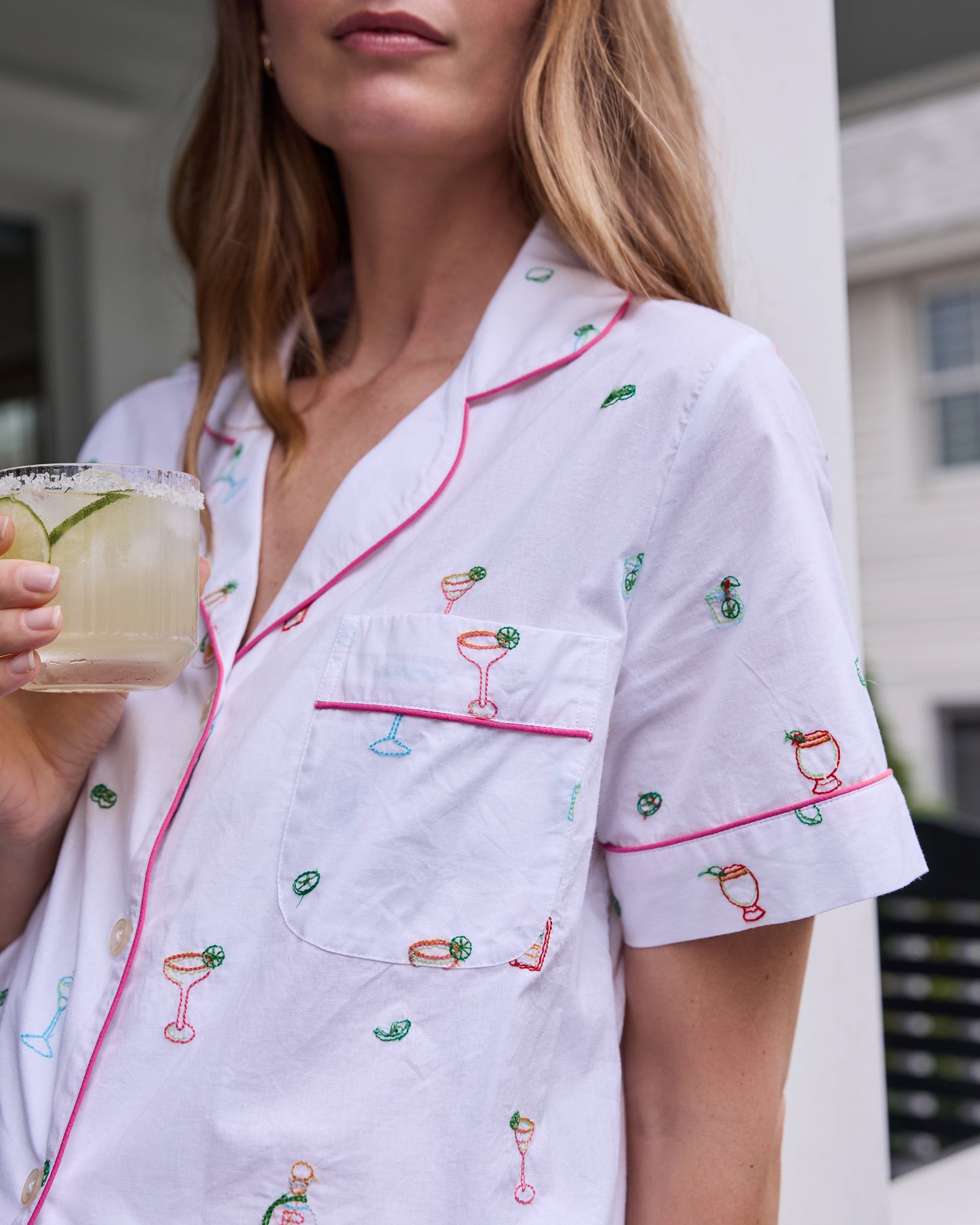 Embroidered Tequila Sunrise - Short Sleeve Top & Cropped Pants Set - Cloud
