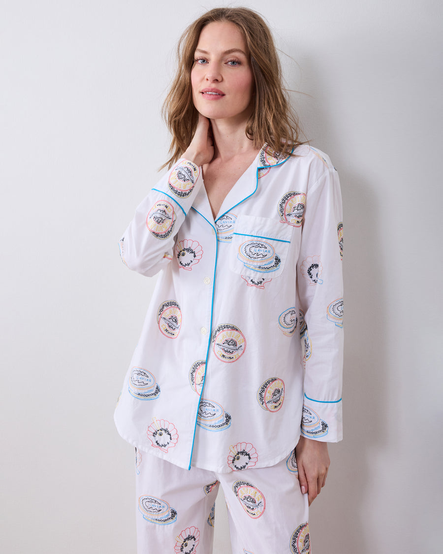 Embroidered Caviar Club - Petite Long PJ Set - Pearl