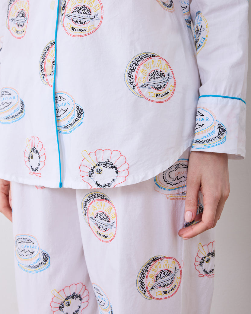 Embroidered Caviar Club - Long PJ Set - Pearl